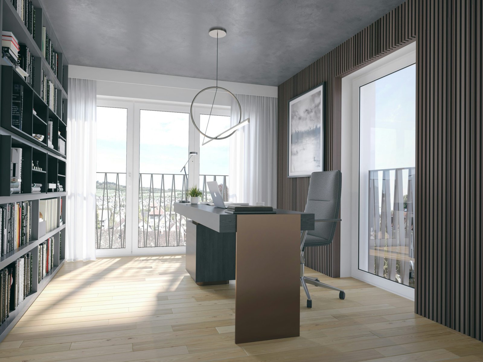 Oficina en casa con escritorio de madera, silla ergonómica y computadora portátil junto a una ventana con luz natural